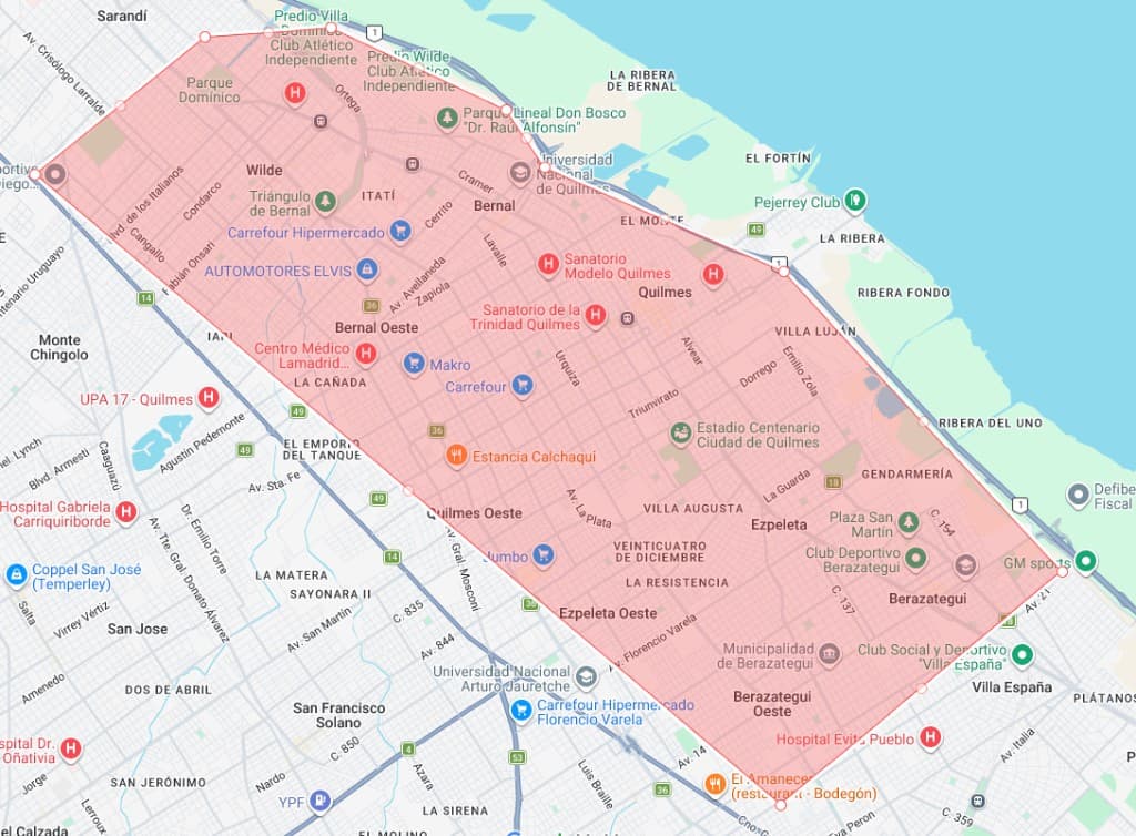Mapa de cobertura de Agua Flaviano en Zona Sur: Wilde, Bernal, Quilmes, Ezpeleta y Berazategui marcados en rojo